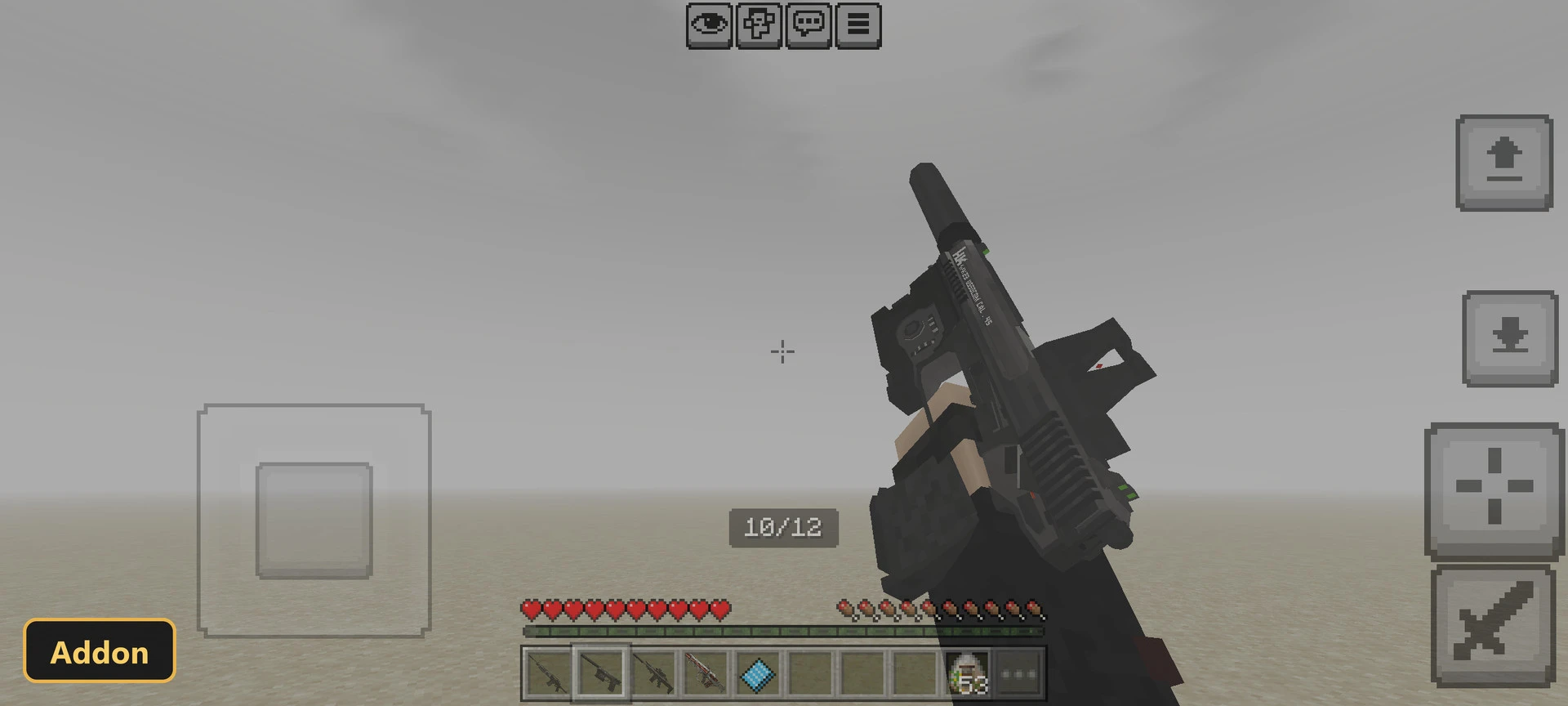 first-person view of a pistol, foggy sky, flat world