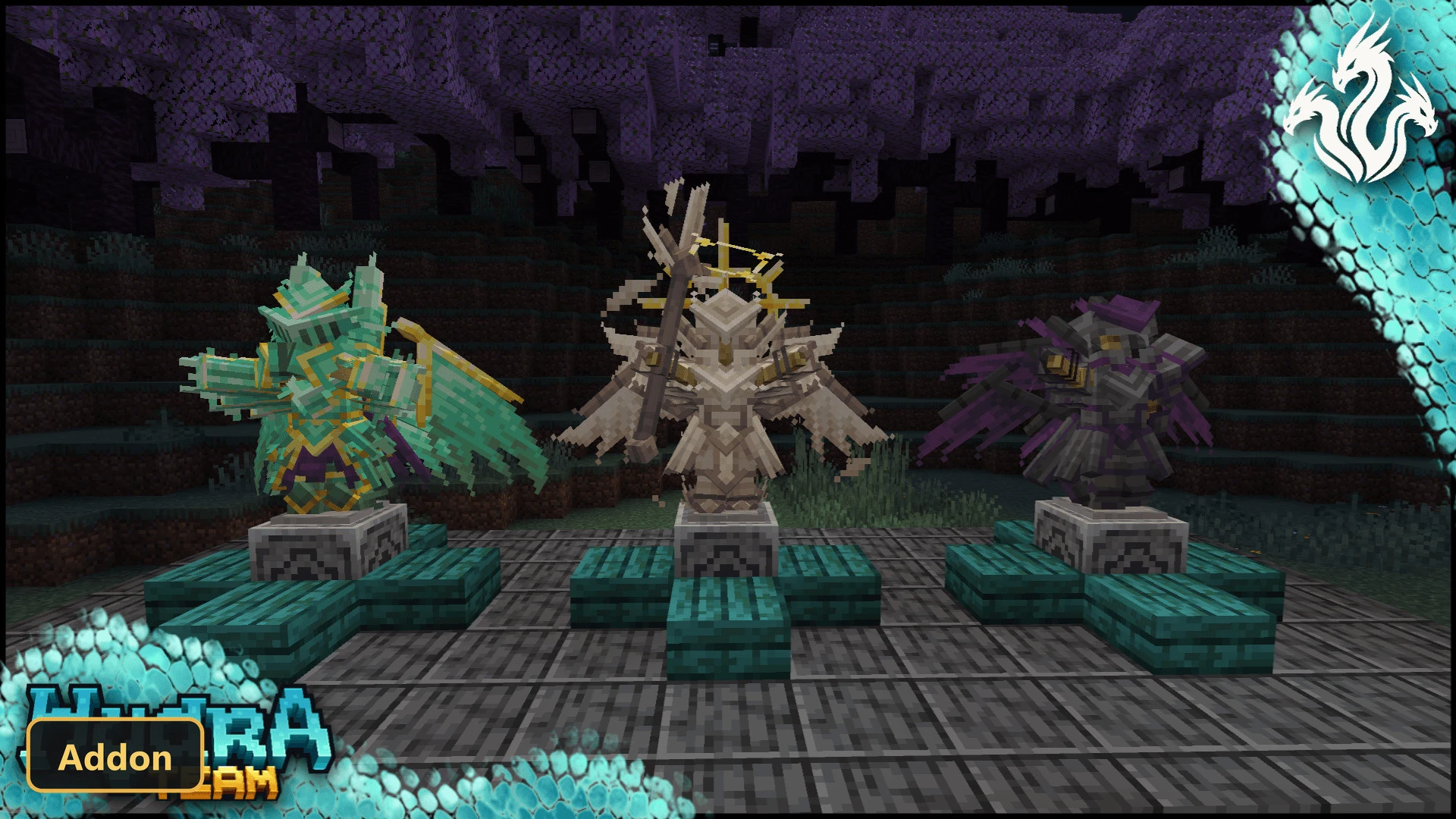 three ornate armor stands in a dark, mystical forest