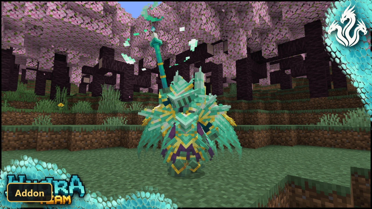 player character in winged teal armor under pink blossom trees