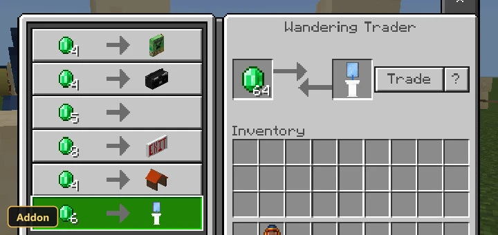 trading menu for a Wandering Trader offering add-on items