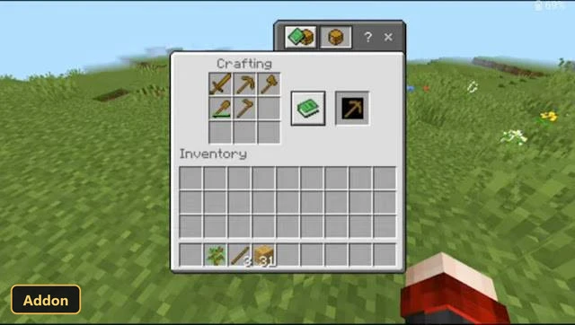 player's inventory and crafting menu open in a grassy field