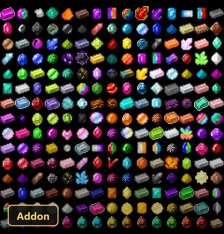 grid of colorful pixel art gems, ingots, and crystals on black