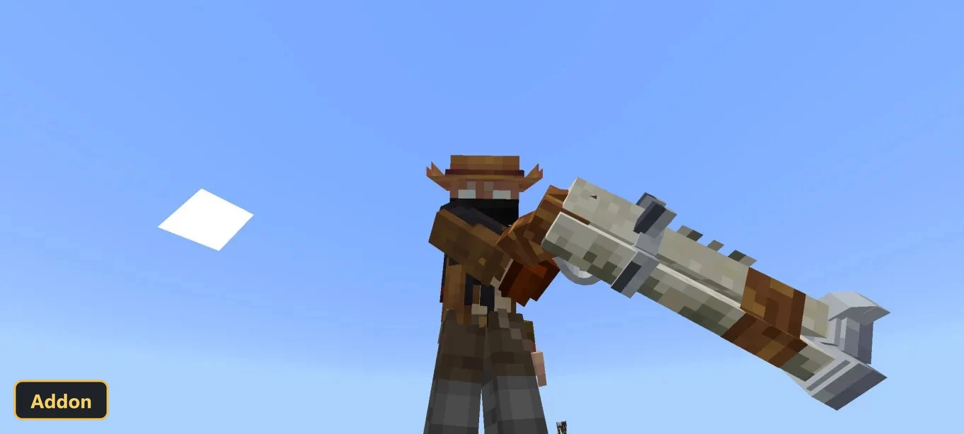 player in cowboy hat holding a large bone rifle against blue sky