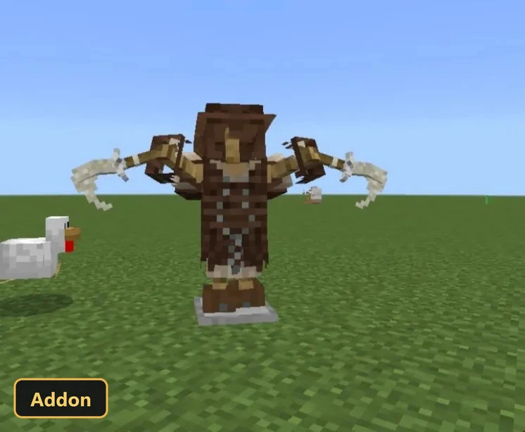 armor stand with brown leather armor holding two bone scythes