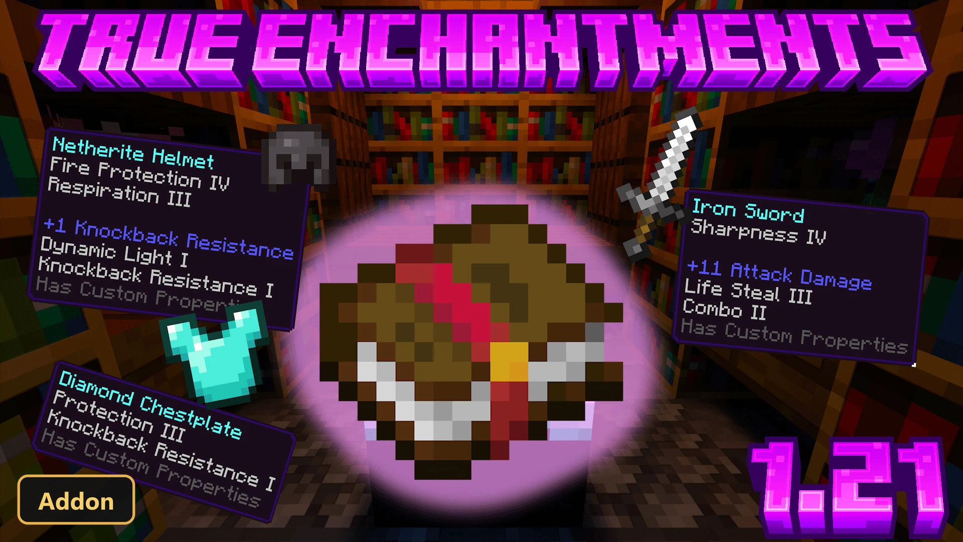 Enchanted book, helmet, chestplate, sword in library, showing custom properties