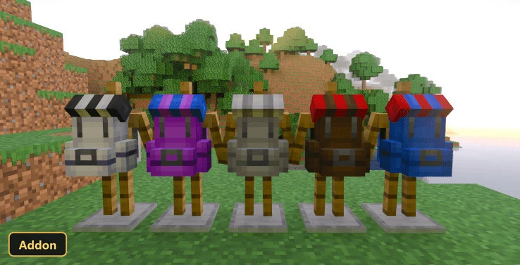 five different colored backpacks on armor stands in a Minecraft world