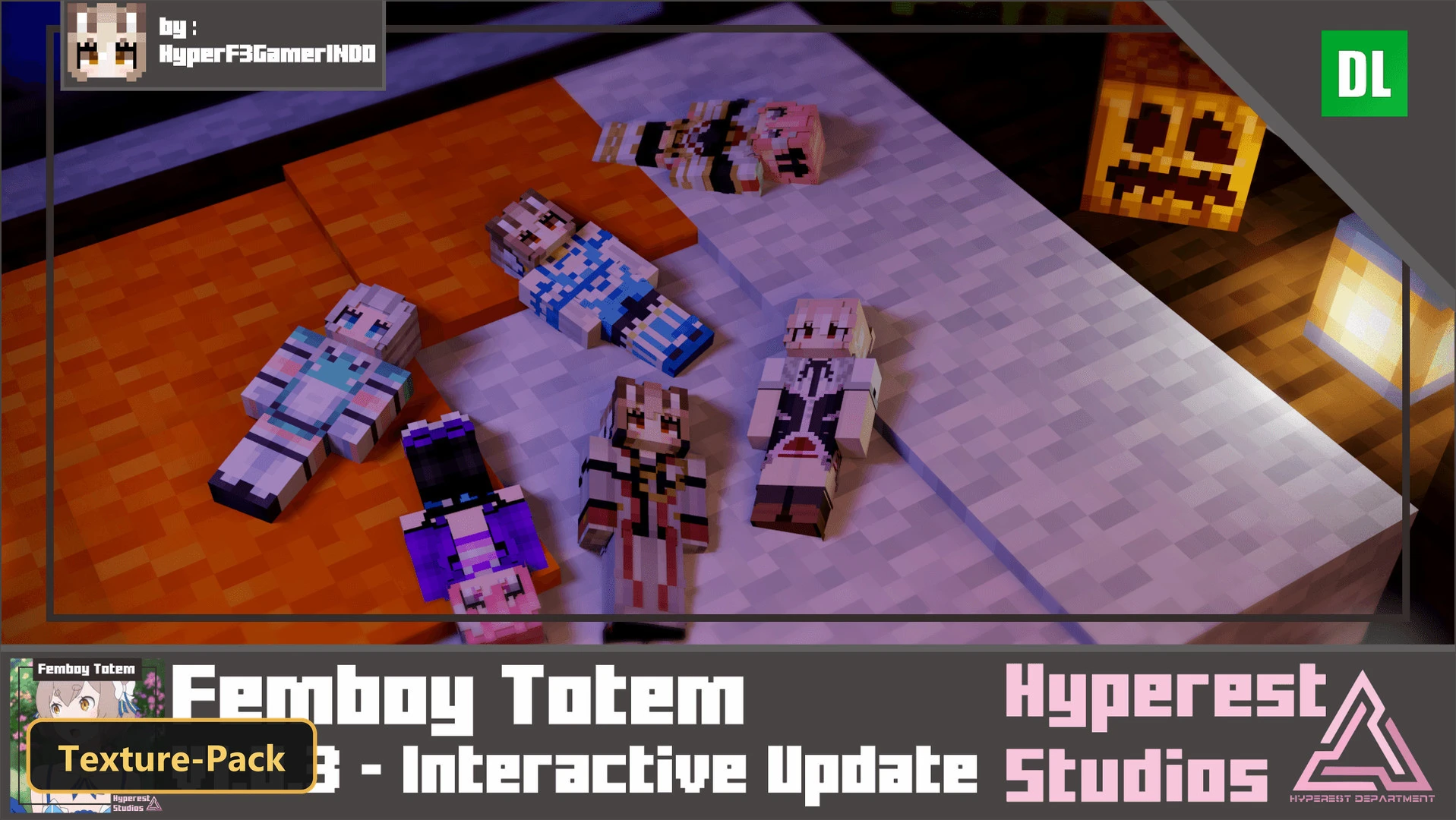 various anime-style character totems on orange and white blocks, glowing jack-o'-lantern