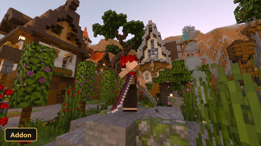 character with red hair and two swords in a medieval village