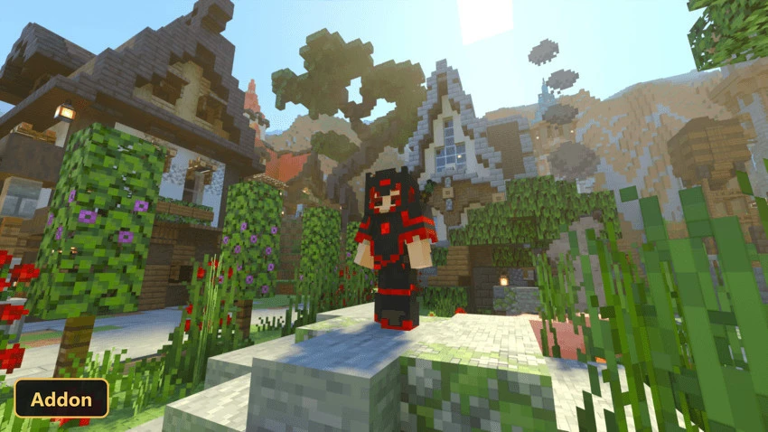 character in red and black armor standing in a medieval village
