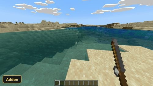 First-person view of fishing in a desert lake, clear day