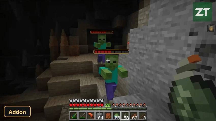 two zombies with health bars in a cave