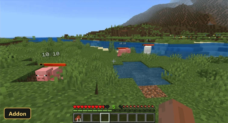 health bars above pigs and a sheep near water