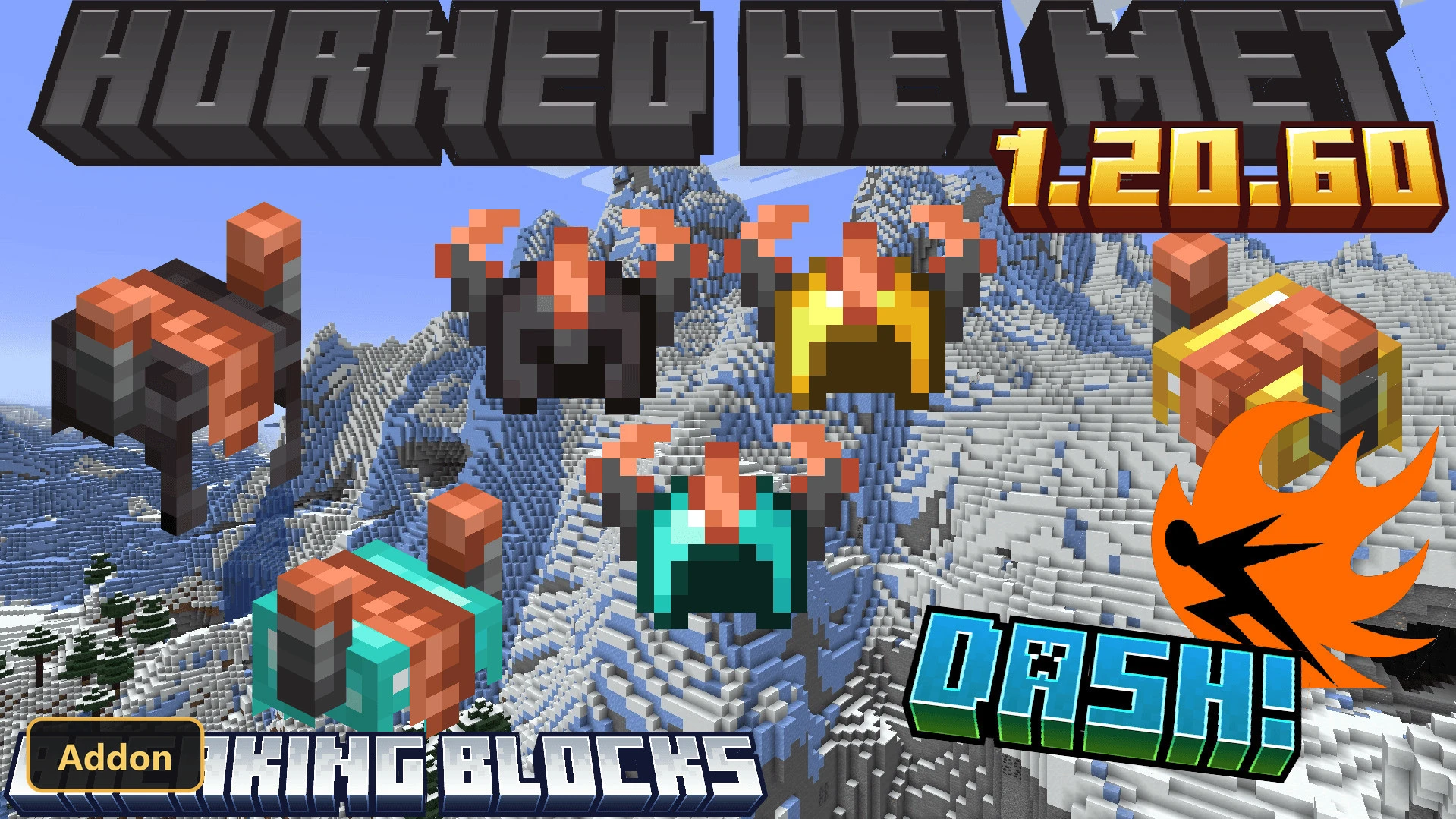 various horned helmets and block textures floating over a snowy mountain biome