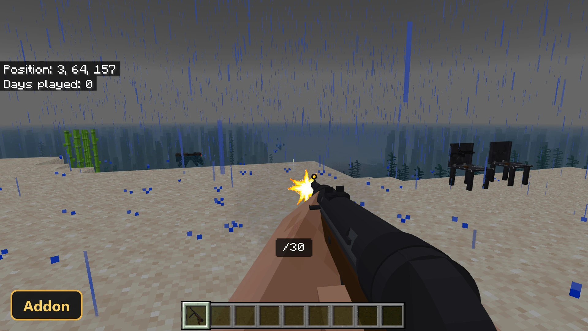beach biome, rain, first-person view firing a rifle