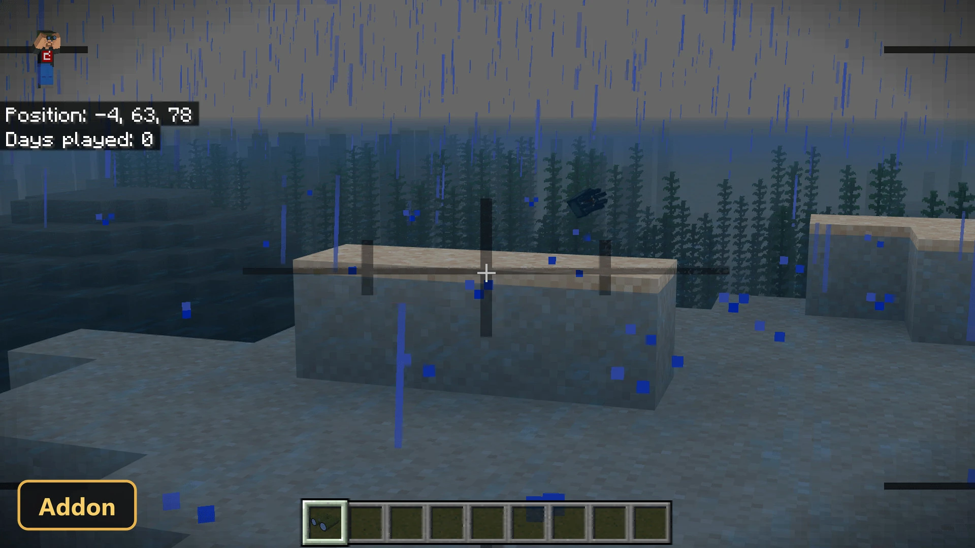 underwater, rain, first-person view, crosshairs on a block