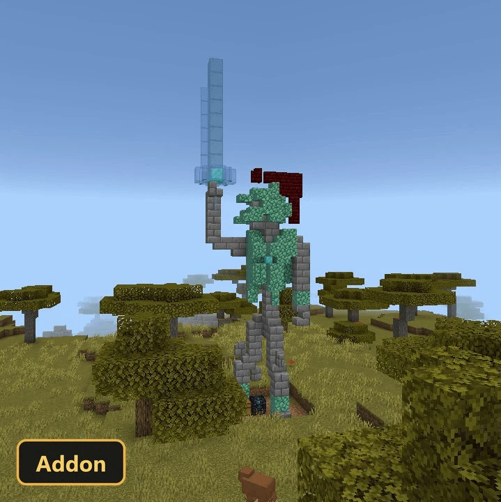 large turquoise and stone statue with a glowing blue sword in a savanna
