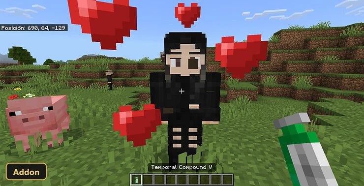 character with hearts, pig, and item in grassy plains