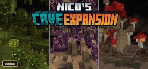 Three cave biomes: lush, amethyst, and mushroom, with title overlay