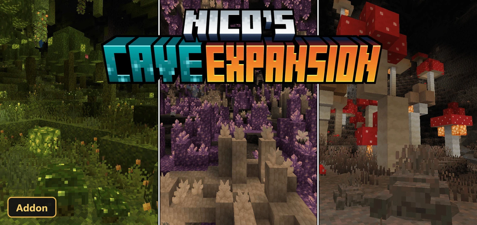 Three cave biomes: lush, amethyst, and mushroom, with title overlay