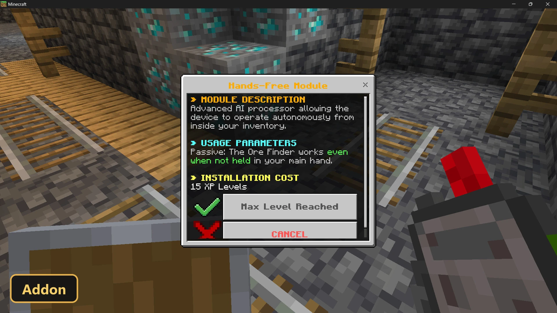 in-game menu showing Hands-Free module description and cost