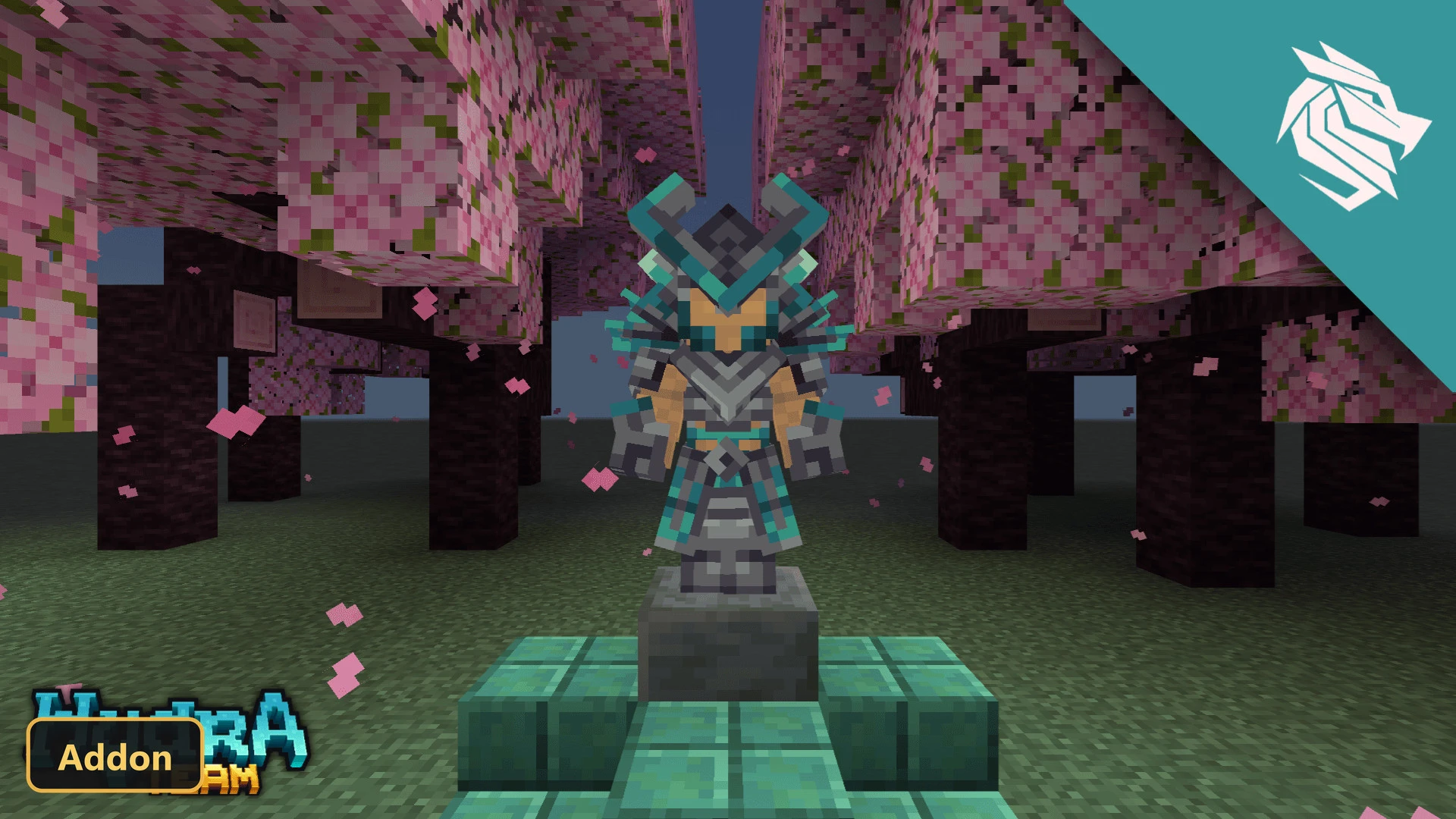 turquoise armor set on pedestal under pink cherry blossom trees