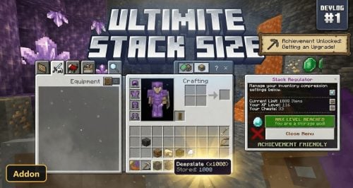 player inventory and crafting menu in a purple crystal cave