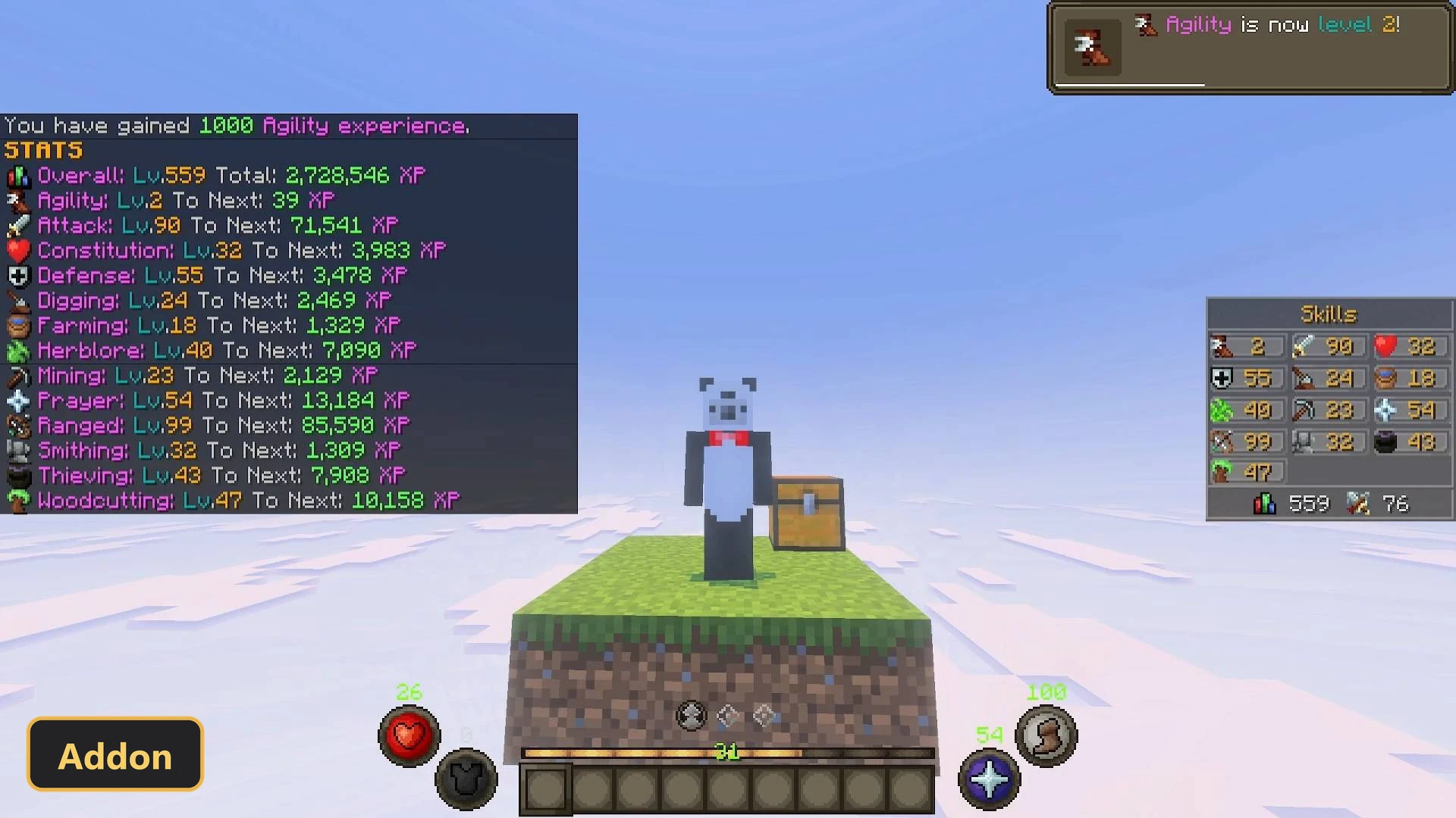 a panda mob on a grass block with skill and stats menus