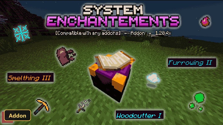 custom enchantment table on grass, various custom enchantment icons floating around