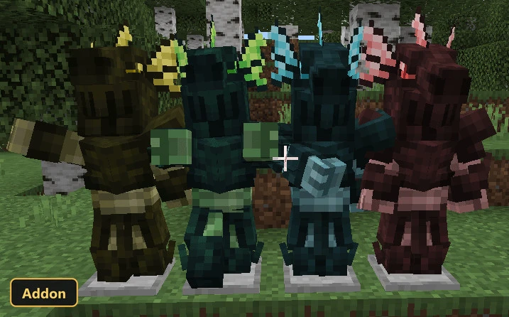four armor stands displaying different colored armor sets in a birch forest