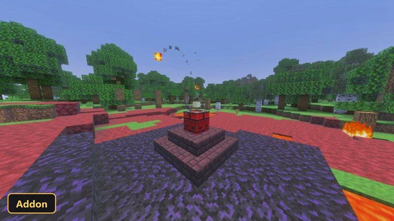 red block on a dark pedestal, with flying lanterns and trees