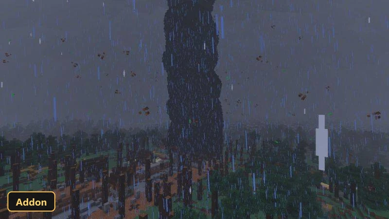 dark, rainy forest with a large, swirling tornado effect