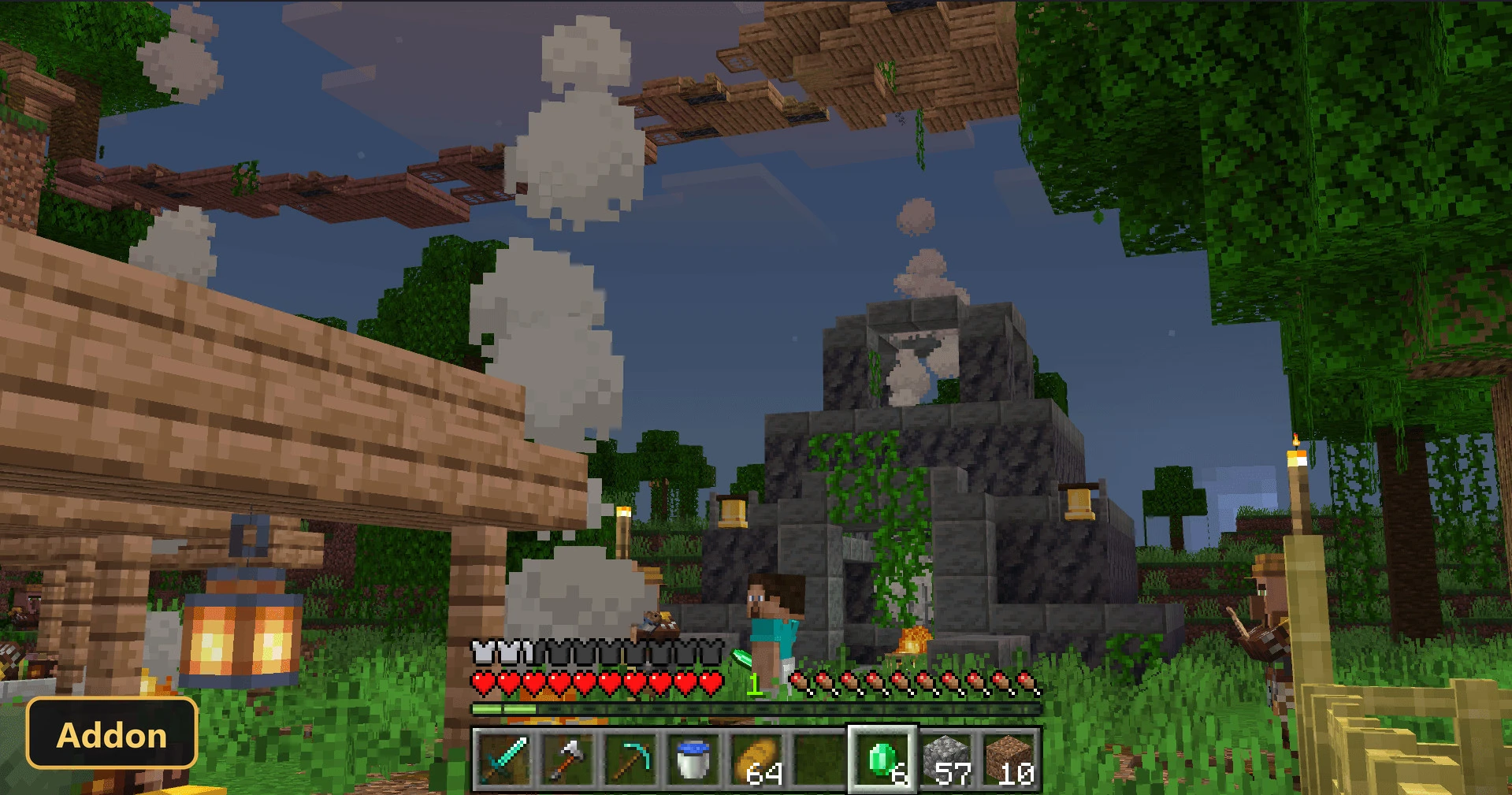 player near a stone structure with smoke and lanterns