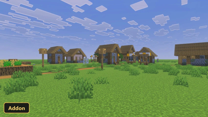 A village scene with multiple houses and paths on a grassy plain