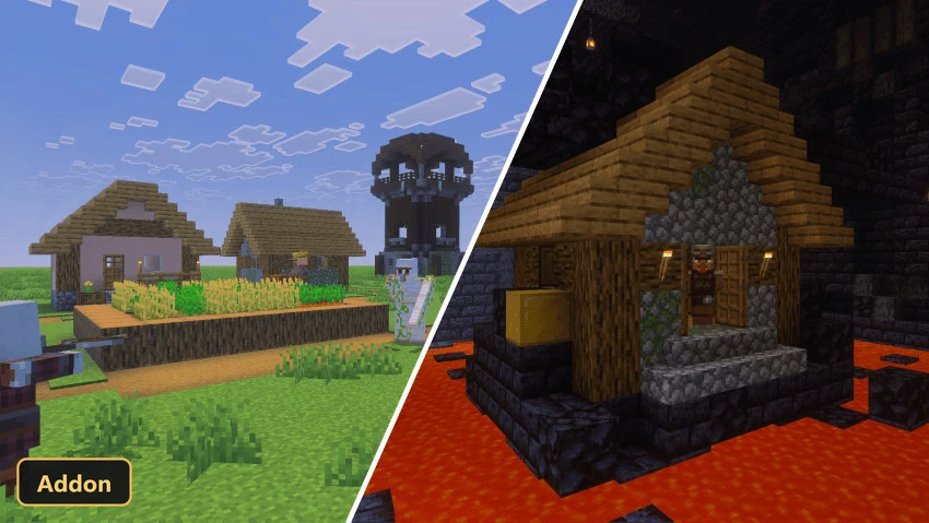 Two split scenes: a plains village with a tower and a Nether village