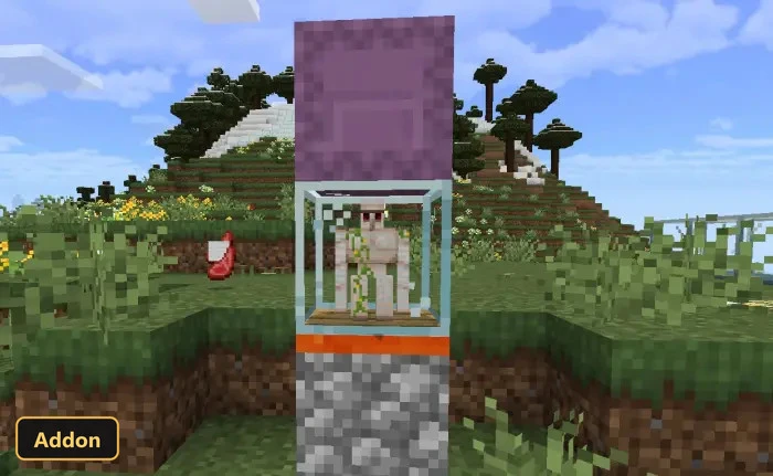 an iron golem minion in a glass block on a pedestal