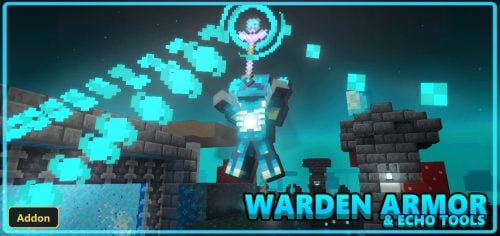 player in glowing warden armor, floating in a dark, ethereal landscape