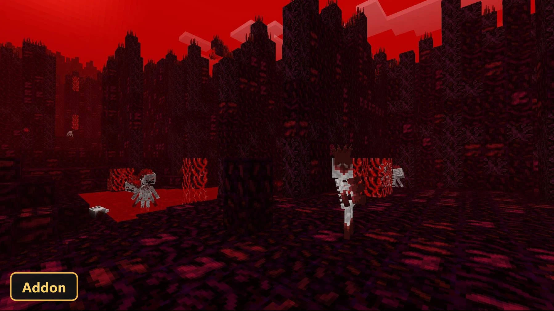 red-tinted nether-like biome with small, pale, humanoid monsters