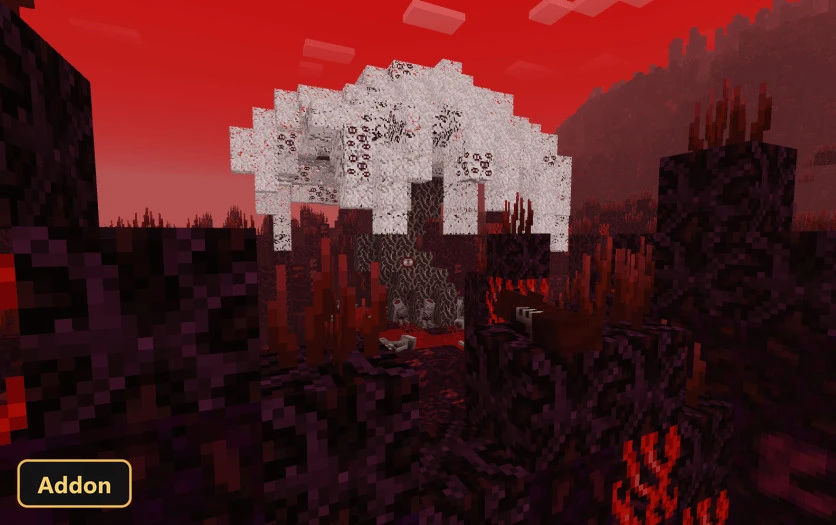 red-tinted nether-like biome with a large white tree
