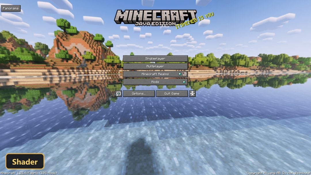 Minecraft title screen with realistic water reflections and distant hills under a blue sky