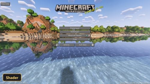 Minecraft title screen with realistic water reflections and distant hills under a blue sky