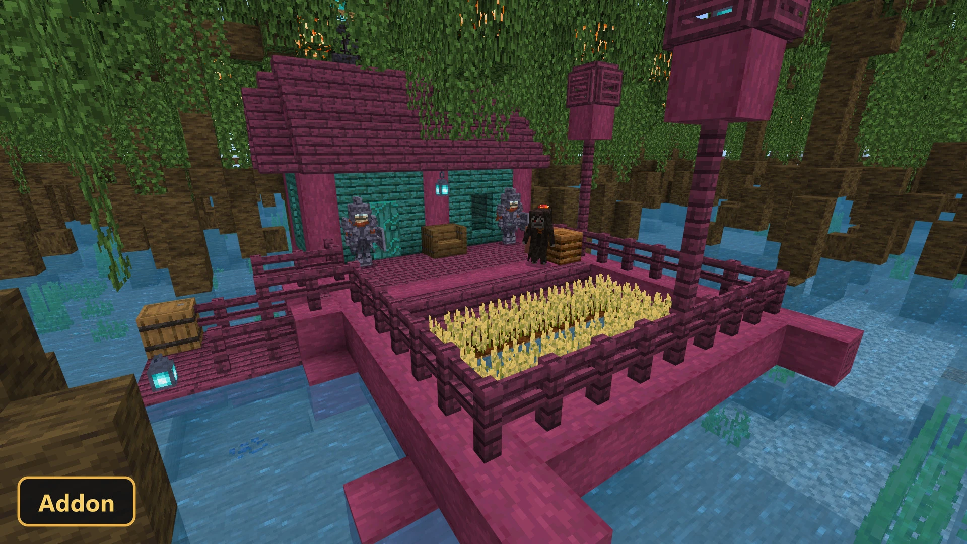 pink house on stilts in a swamp