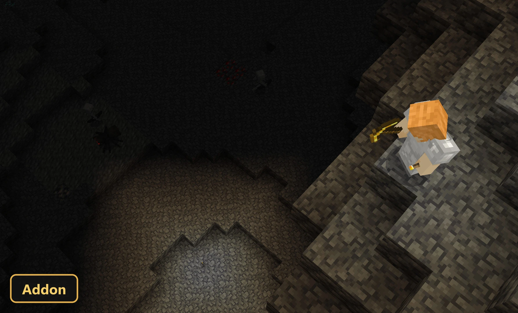 player holding a bow and arrow looking down into a dark cave