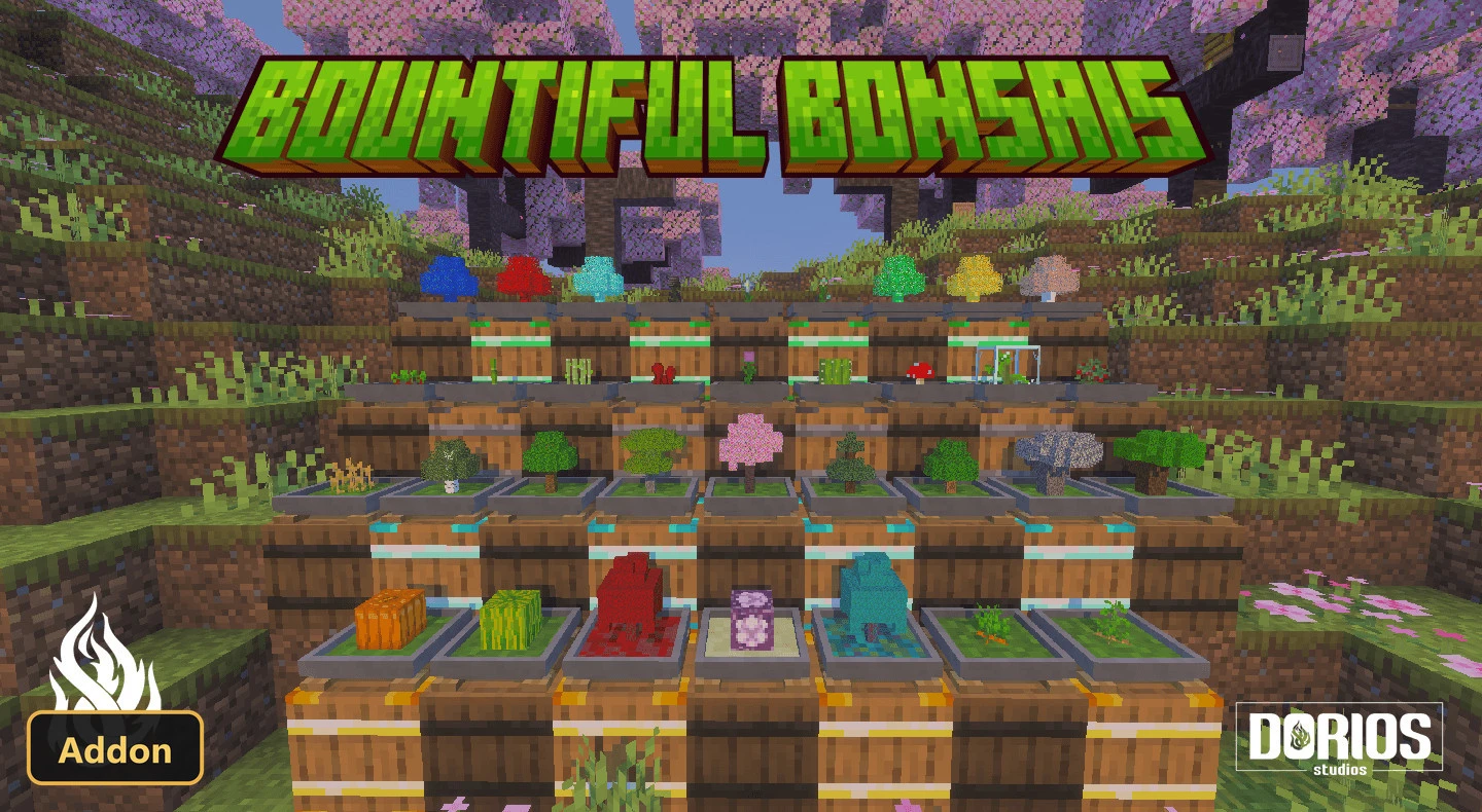 various bonsai trees and soil types on barrels in a cherry grove