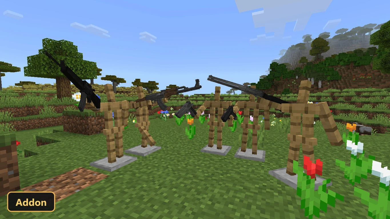four armor stands with guns