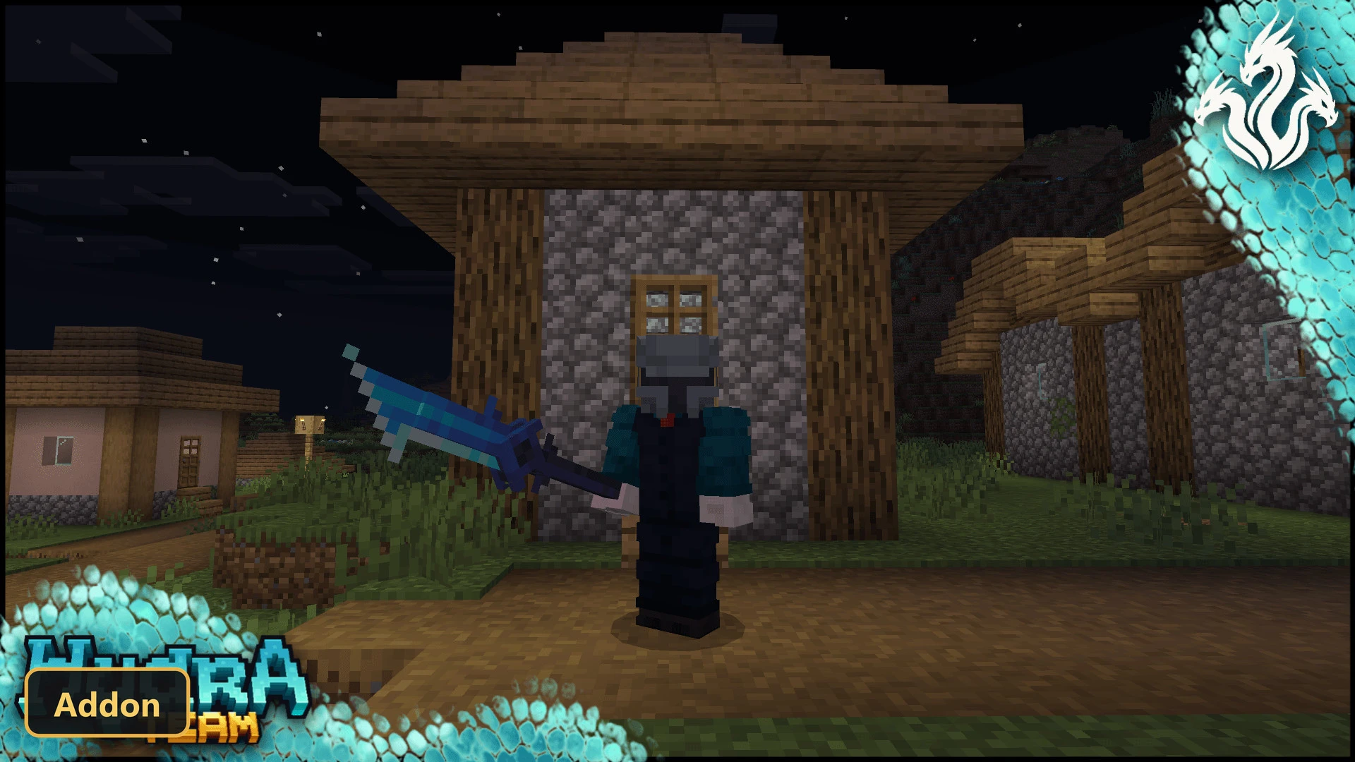 player character holding a blue sword at night
