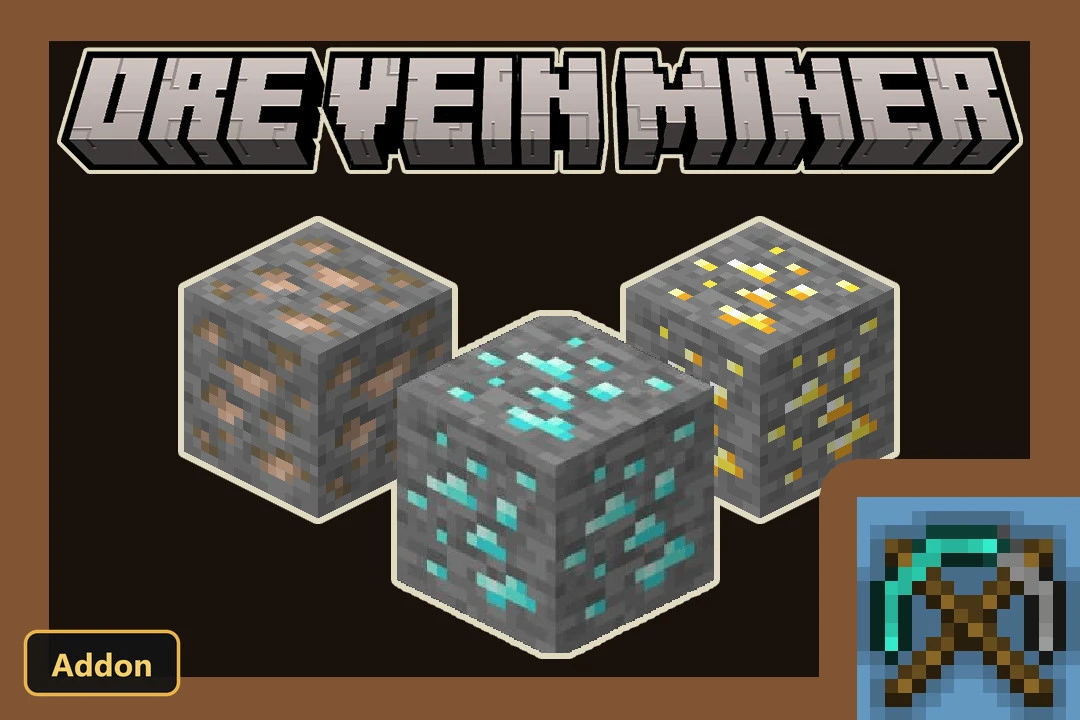 Three ore blocks (coal, diamond, gold) and a pickaxe icon