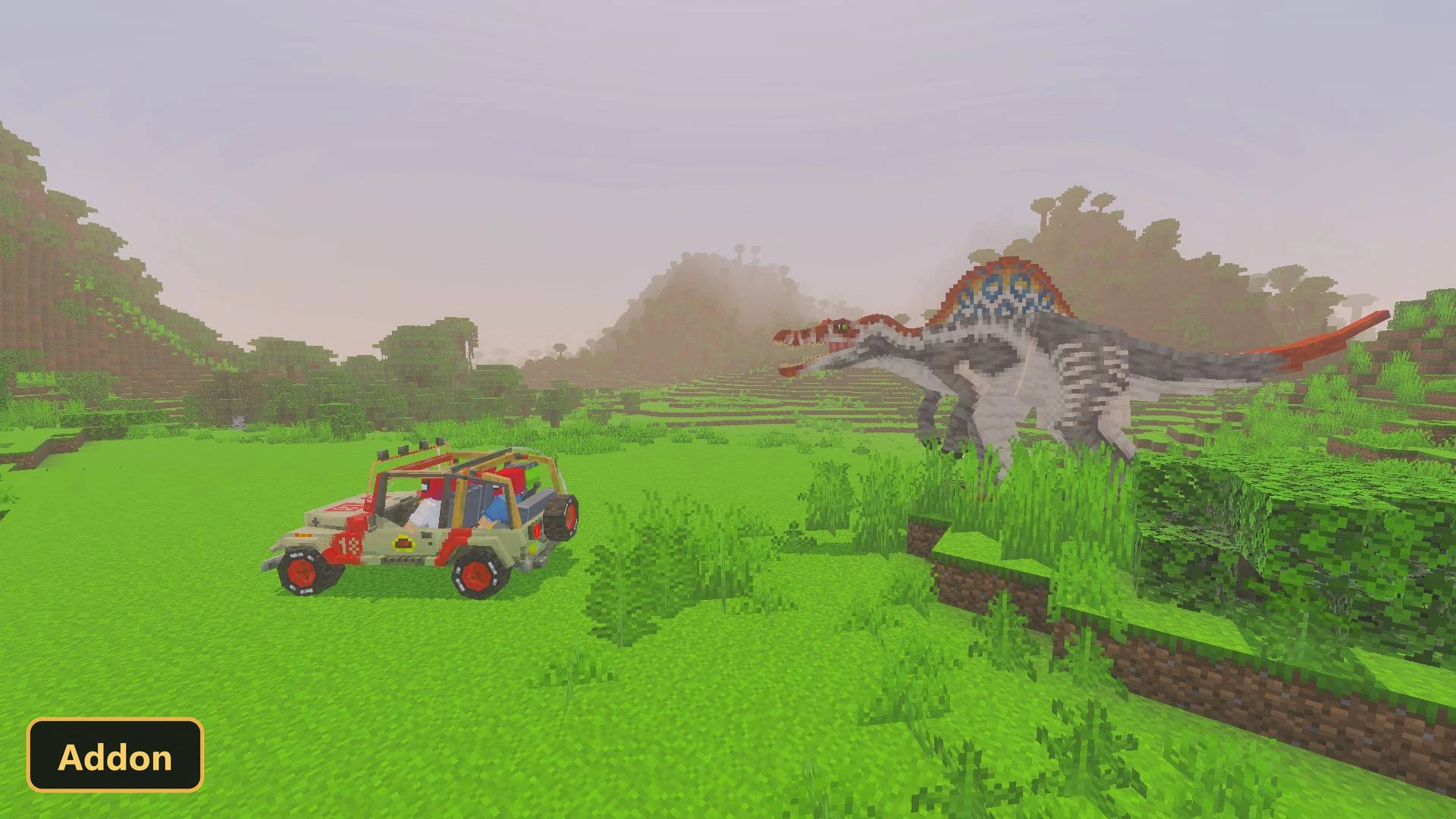a large dinosaur and a jeep in a grassy field