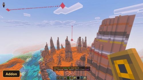 player in a desert biome with a red cinematic path
