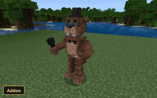 Freddy Fazbear mob holding a microphone in a daytime landscape
