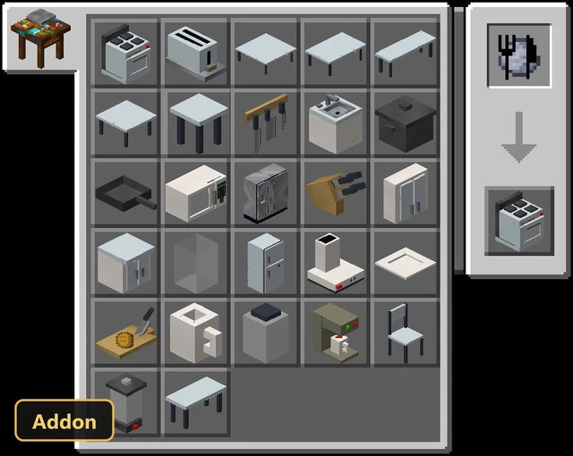 menu showing various kitchen furniture and appliances